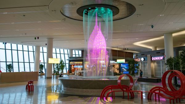 digital water curtain aqua graphic at LaGuardia Airport terminal B New York