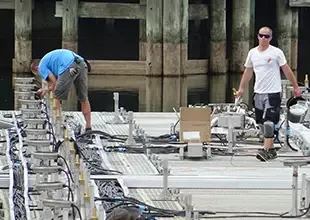 setup of a water show on a flotting platform universal orlando